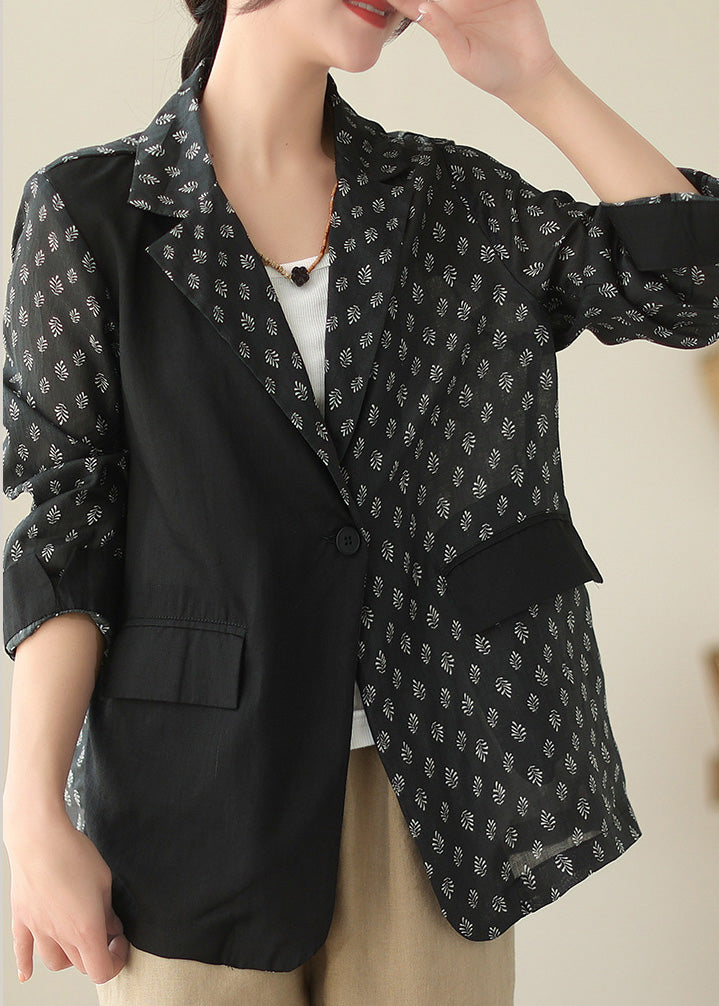 Black Patchwork Button Ramie Coat Spring