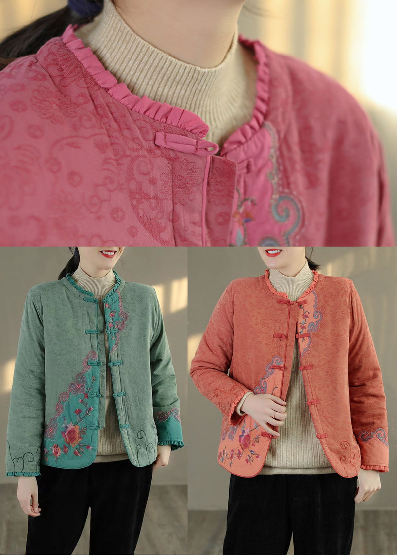 Green Ruffled Embroidered Fine Cotton Filled Coats Spring