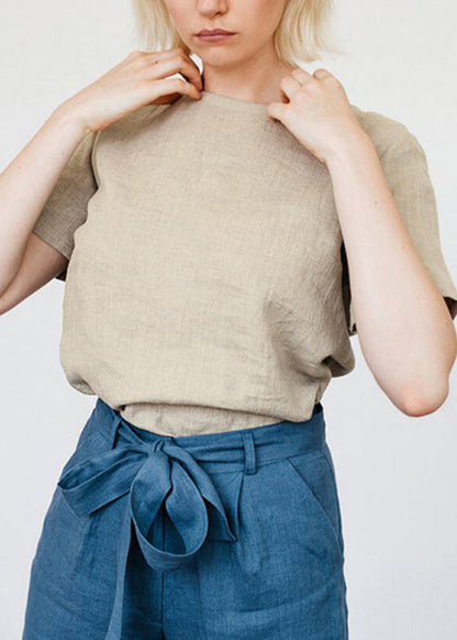 Simple Style White O Neck Linen T Shirts Summer