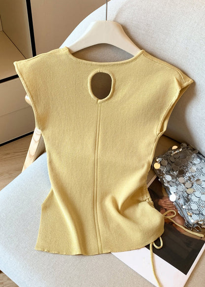 Yellow Cinched Side Open Knit T Shirt Hollow Out