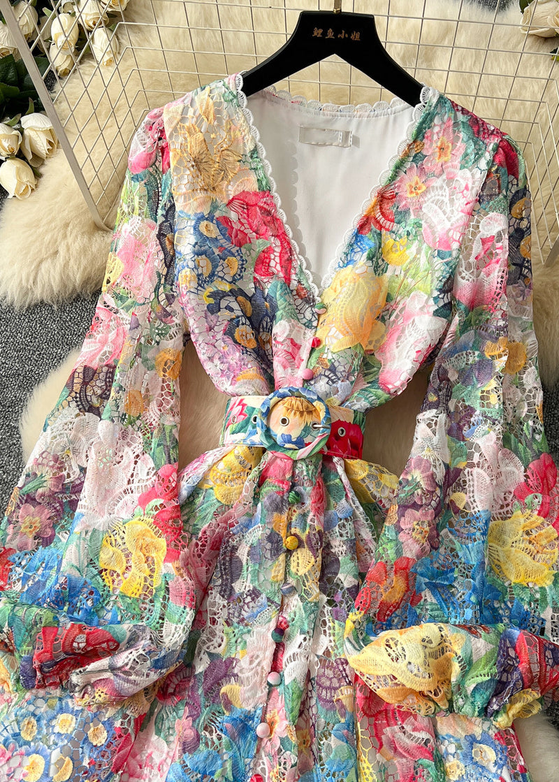 Cinched Print Lace Mid Dress Lantern Sleeve