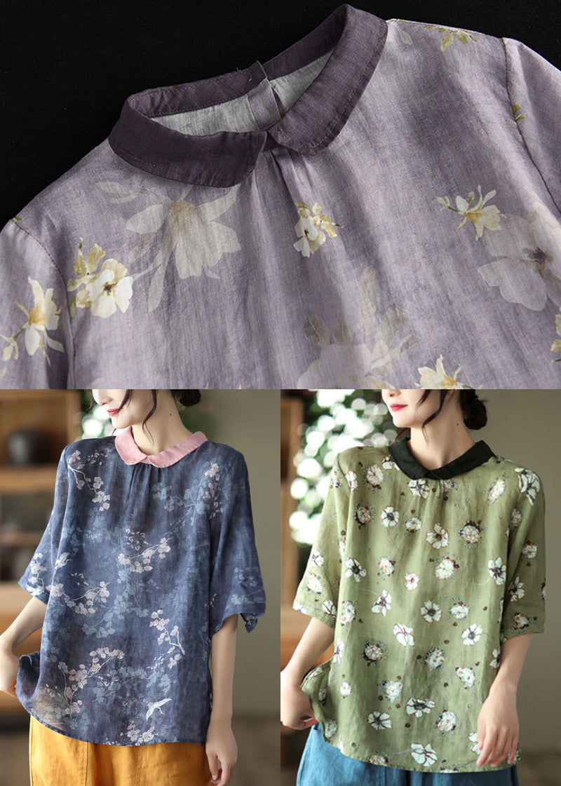Blue Print Patchwork Linen Tops Peter Pan Collar Colorblock Short Sleeve