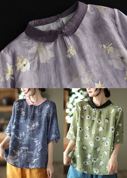 Light Purple Peter Pan Collar Print Linen Shirts Short Sleeve