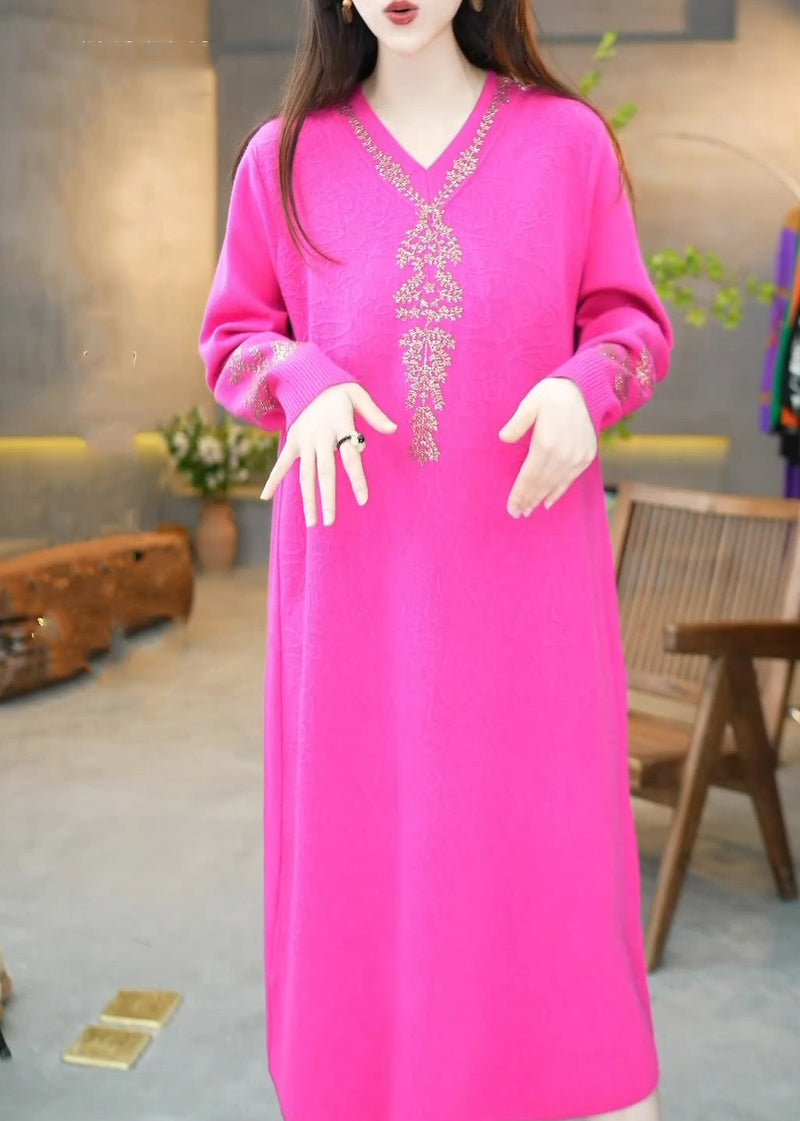 Rose V Neck Zircon Knit Long Dress Winter