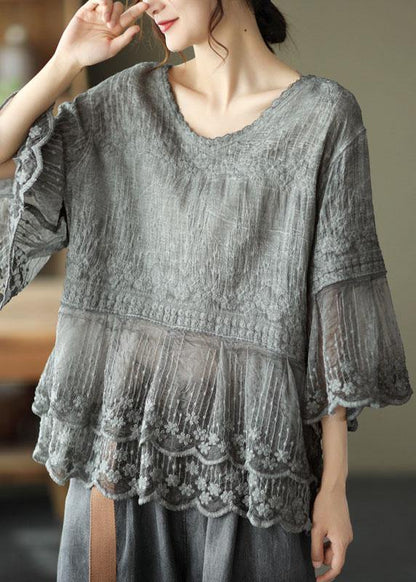 Loose Khaki O-neck Embroidered Patchwork Summer Shirts Half Sleeve