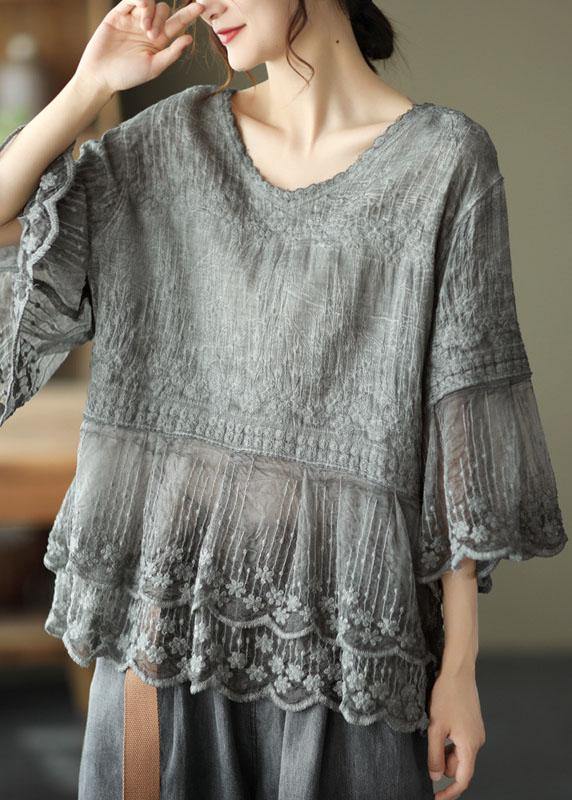 Loose Khaki O-neck Embroidered Patchwork Summer Shirts Half Sleeve
