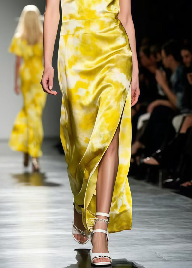 Yellow Tie Dye Side Open Silk Spaghetti Strap Dress Summer