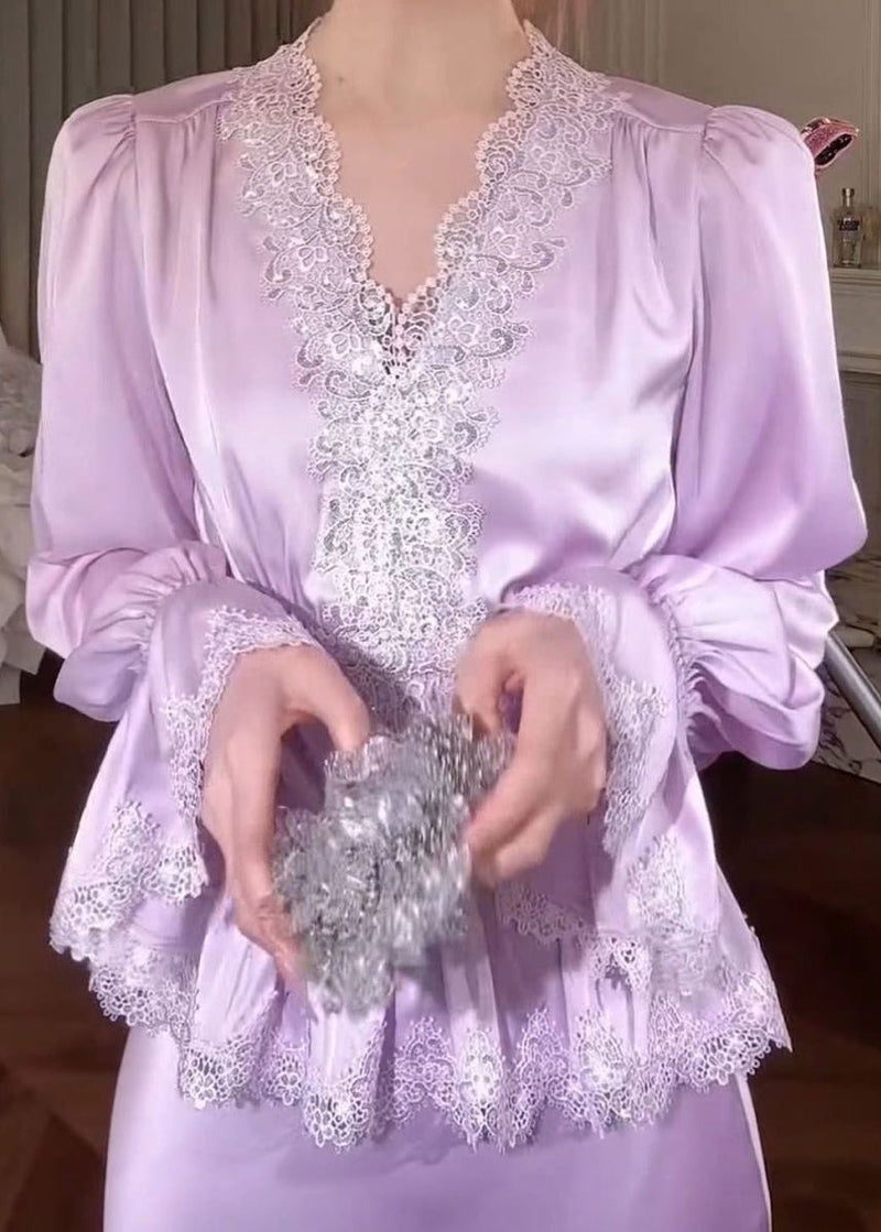 Purple Lace Patchwork Silk Blouse Tops V Neck Fall