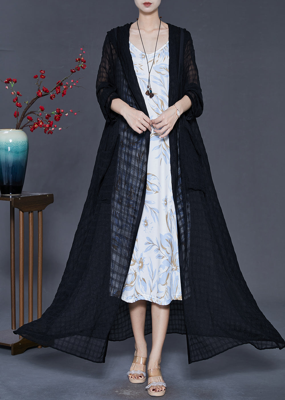 Black Hooded Plaid Tulle Cardigans Spring