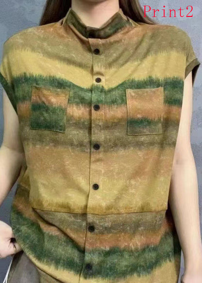 New Standing Collar Print Tie Dyed Short Sleeved Tops