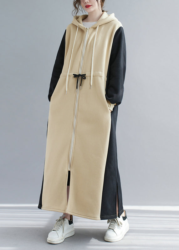 Grey Hooded Drawstring Patchwork Warm Fleece Dress Spring