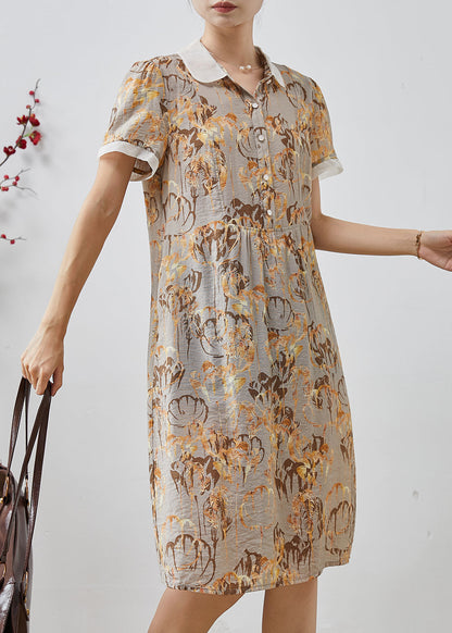 Diy Khaki Peter Pan Collar Print Cotton Shirt Dresses Summer
