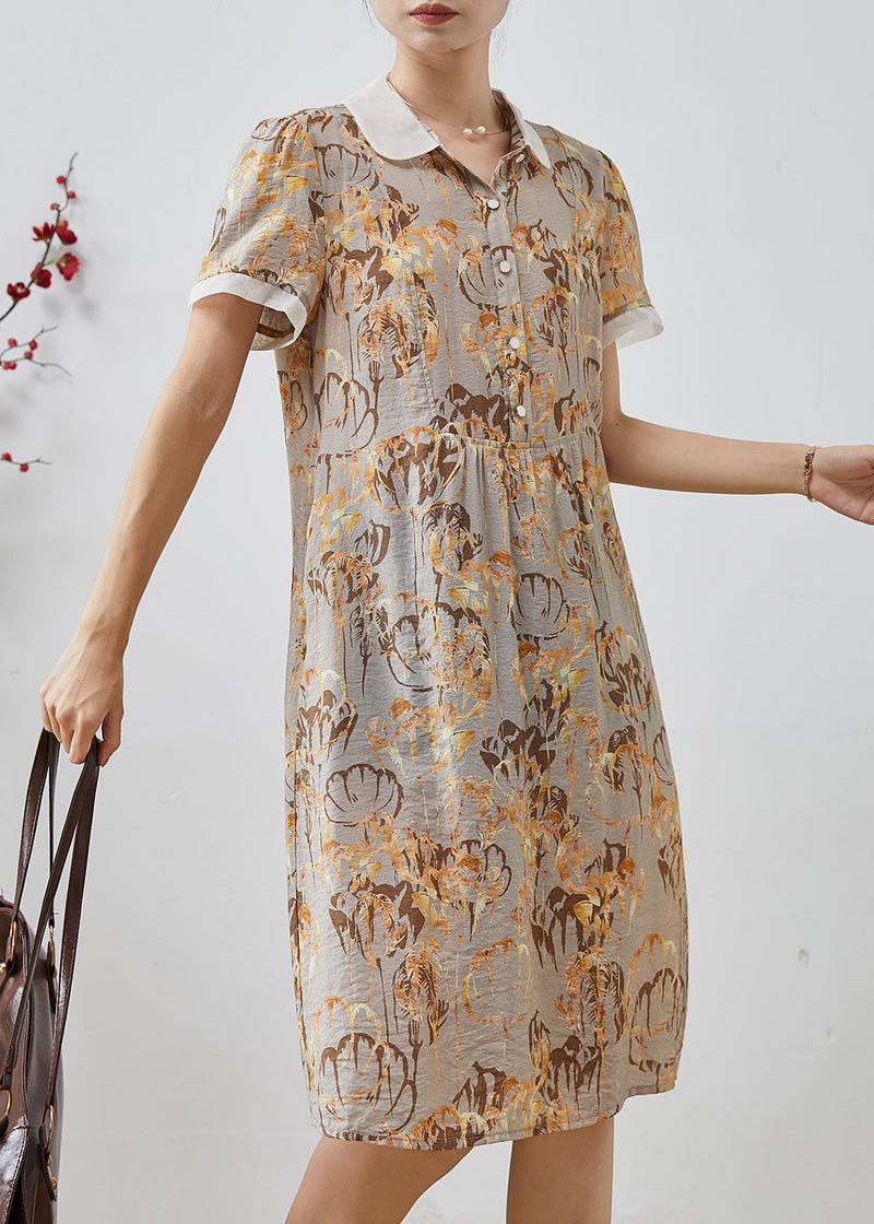 Diy Khaki Peter Pan Collar Print Cotton Shirt Dresses Summer