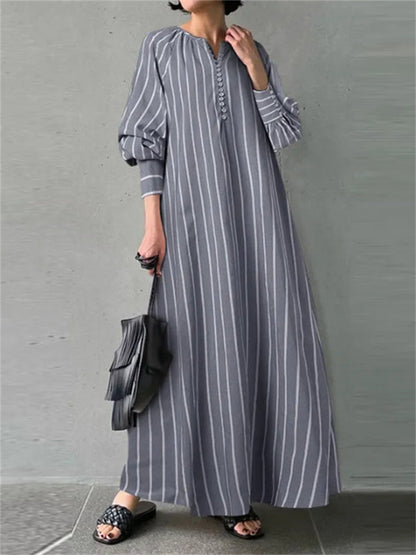 Cotton and Linen Striped Round Neck Long Sleeve Insert Pockets Simple Loose Long Section Pullover Dress