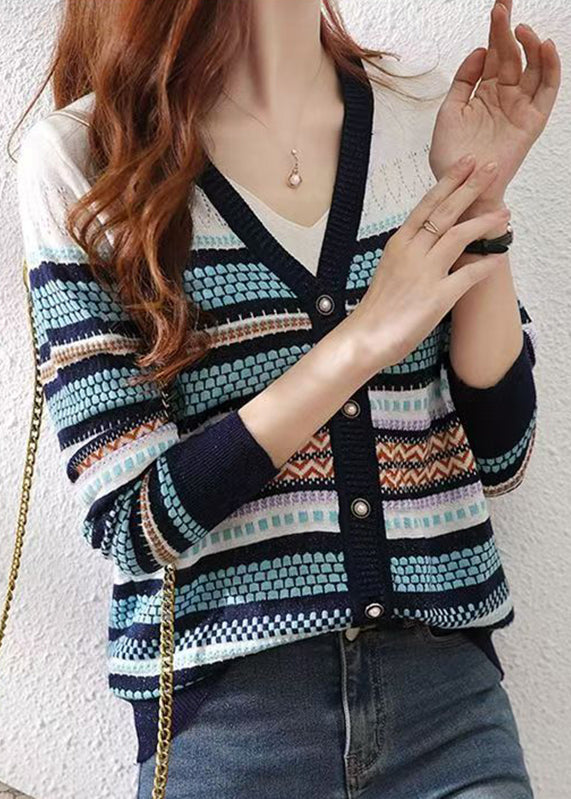 Colorblock V Neck Striped Patchwork Button Knit Cardigans Fall