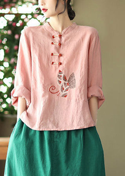 Pink O-neck Embroidered Linen Top Long Sleeve