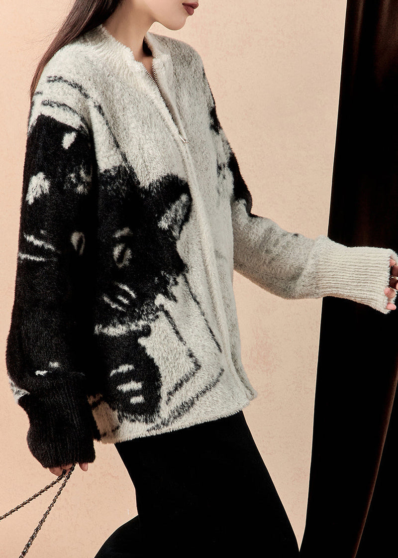 Art Grey Zip Up Patchwork Cotton Knit Coat Winter