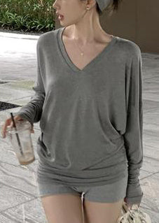 New Grey V Neck Cotton T Shirt Spring