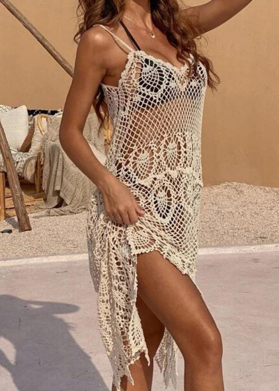 Beige Hollow Out Beach Knit Cover Up Summer