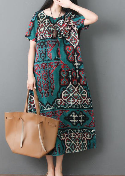 Loose Waist Cotton Linen Soft Surroundings Linen Green Prints Dresses Summer