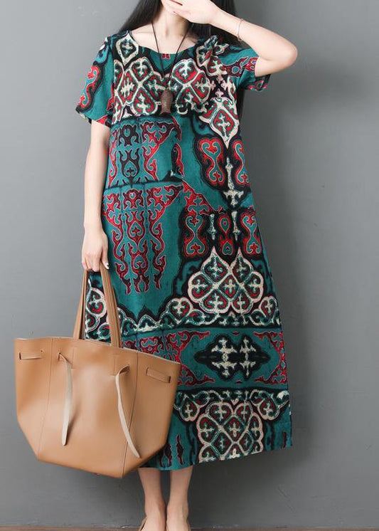 Loose Waist Cotton Linen Soft Surroundings Linen Green Prints Dresses Summer