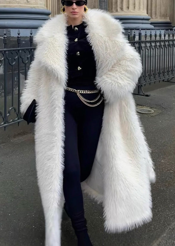 Modern White Peter Pan Collar Thick Warm Faux Fur Coats Winter