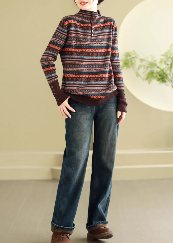 Brown Stand Collar Striped Knit Sweaters Spring