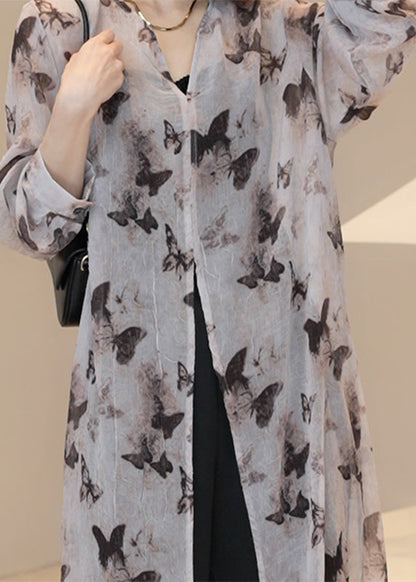 Light Brown V Neck Print Long Cardigan Summer