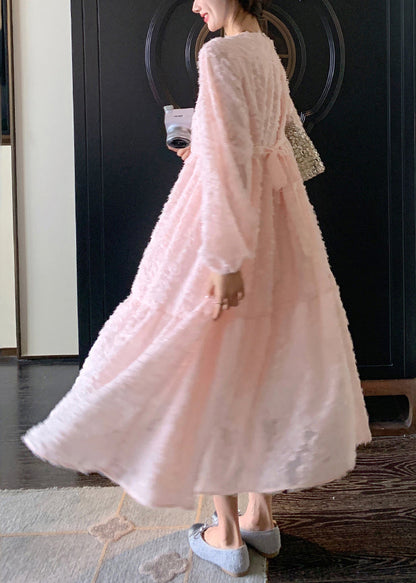 Pink O-neck Patchwork Lace Long Dress Spring