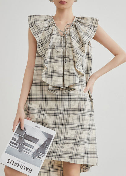 Apricot Ruffled Plaid Cotton Mid Dresses Summer