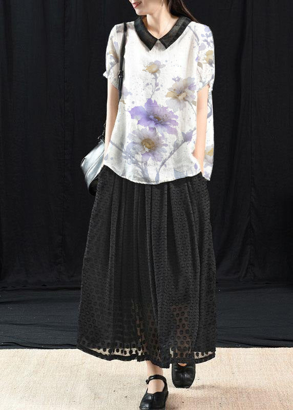 White Patchwork Turn-down Collar Summer Short Sleeve Top