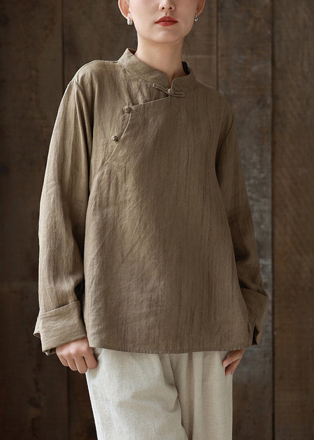 Chinese Style Khaki Stand Collar Patchwork Linen Shirts Spring