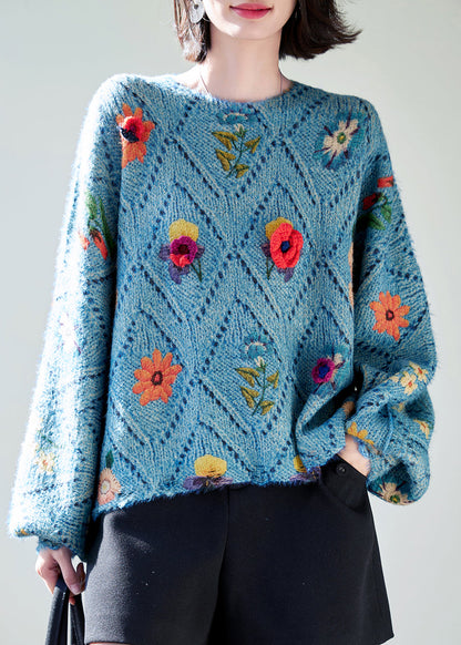 Blue O-neck Hollow Out Knit Sweaters Fall