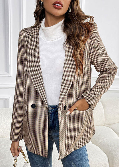 Modern Khaki Peter Pan Collar Pockets Plaid Cotton Suit Coat Fall