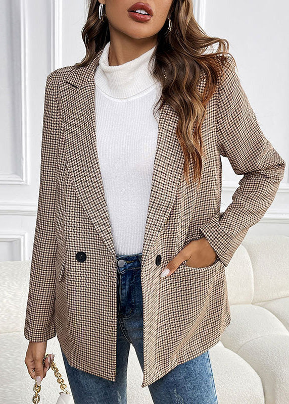Modern Khaki Peter Pan Collar Pockets Plaid Cotton Suit Coat Fall