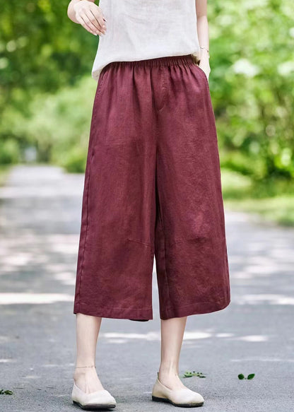 Grey Linen Summer Wide Leg Pants Elastic Waist