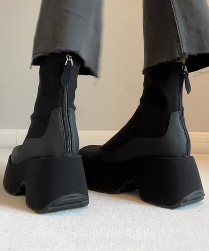 Black Zippered Splicing Platform Boots