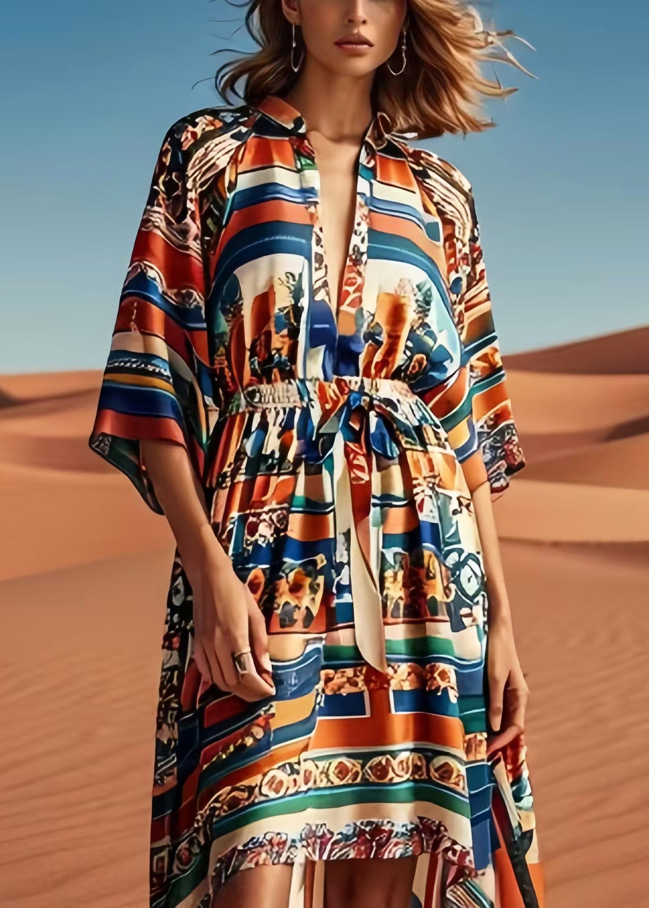 Brown Cinched Print Silk Beach Dress Summer