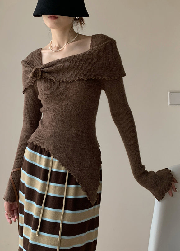 Coffee Knitting Cotton Sweater Square Collar Flare Sleeve