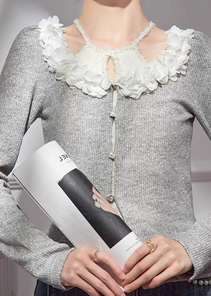 Grey V Neck Cotton Knit Cardigans Fall