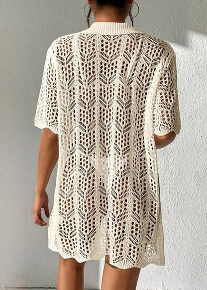 Apricot Hollow Out Knit Beach Bikini Swimsuit Cover Up