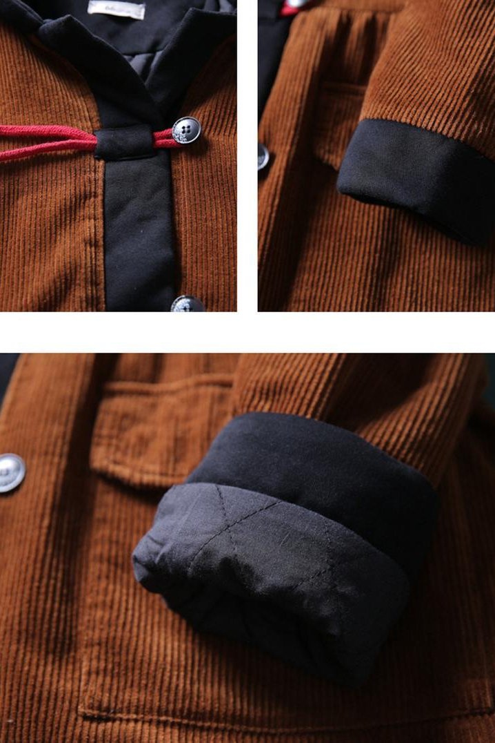 Mid-length Retro Winter Padded Warm Corduroy Coat Hooded Green Trench Coat Corduroy Over Coat