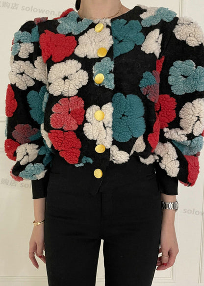 Rose O Neck Button Faux Fur Short Coat Spring