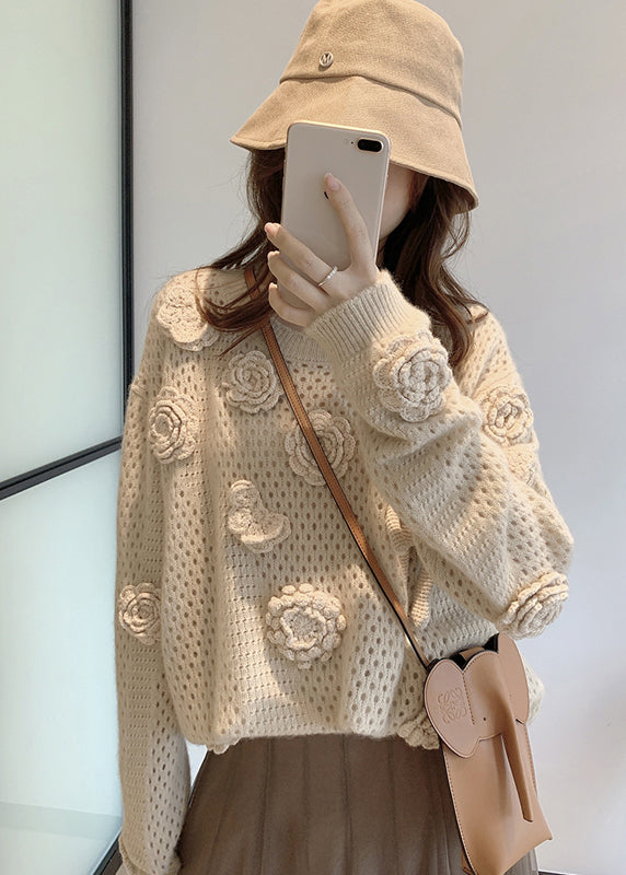 French Apricot O Neck Hollow Out Knit Sweaters Fall