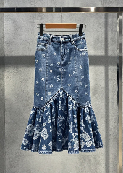 Blue Print Silm Fit Denim Wraped Skirts Fall