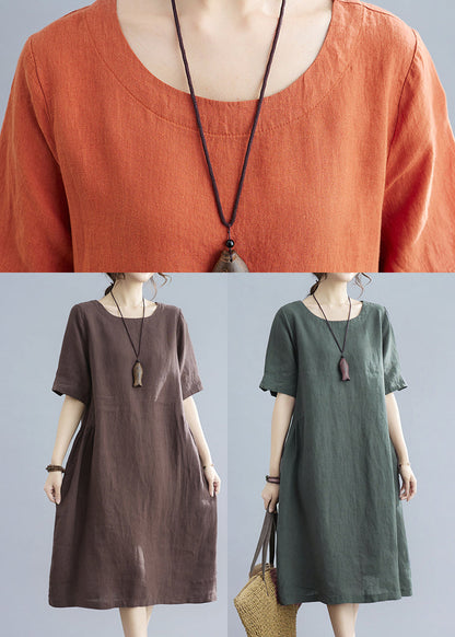 Handmade Green Wrinkled Linen Vacation Dresses Short Sleeve