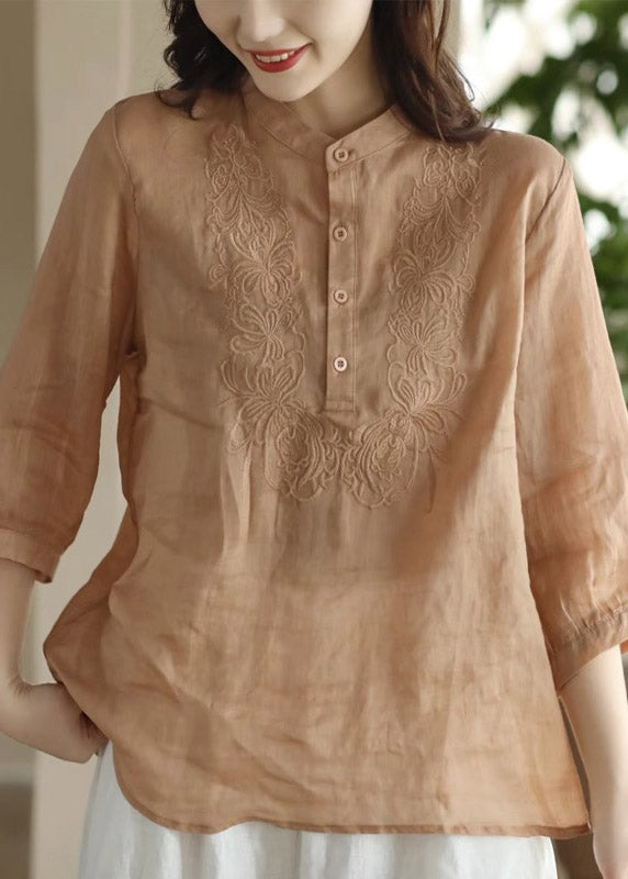 Orange Stand Collar Embroidered Shirt Long Sleeve