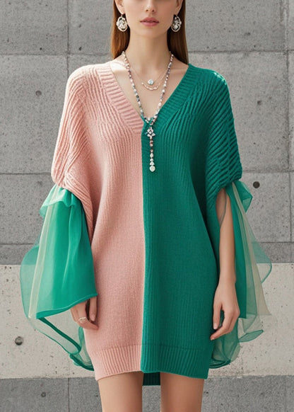 Colorblock Asymmetrical Patchwork Tulle Knit Dress Fall
