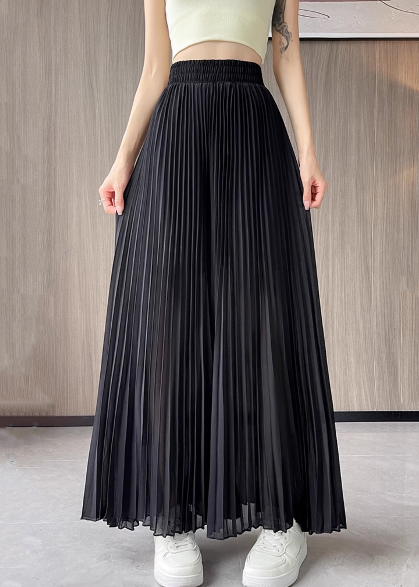 Black Chiffon Summer Wide Leg Pants Elastic Waist