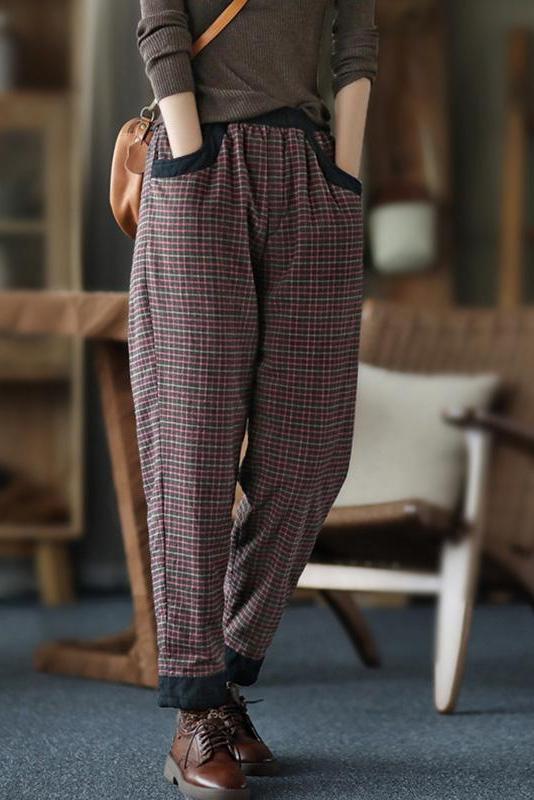 Cotton Linen Plaid Elastic Waist Pants
